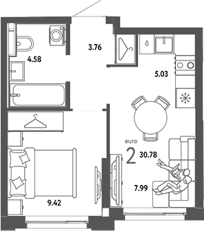 Планировка 2Е-к.кв, 30,78 м² в ЖК Страна.Энтузиастов